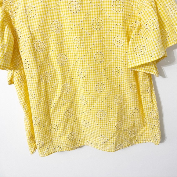 Crown & Ivy Top Women's XXL Yellow White Checkered GIngham Eyelet Blouse Preppy - Picture 4 of 7